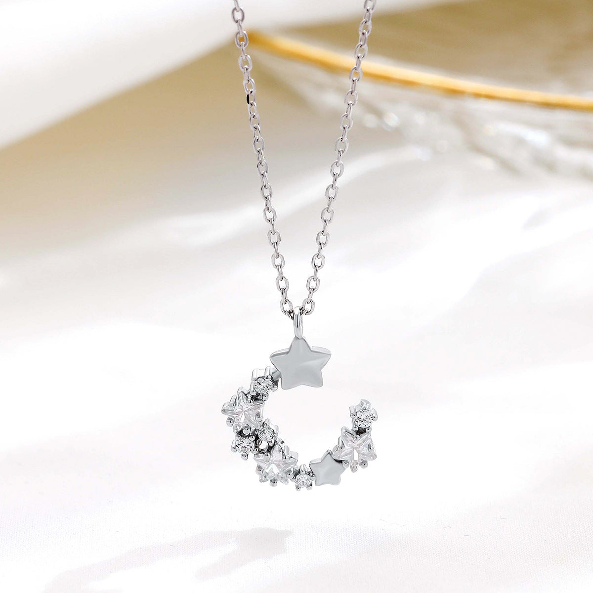 Basic Modern Style Star Moon Sterling Silver Zircon Pendant Necklace In Bulk
