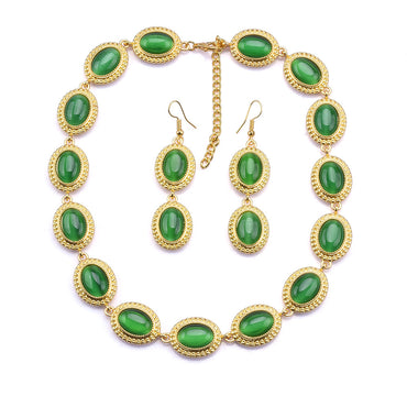 Retro Oval Glass Alloy Wholesale Earrings Necklace Jewelry Set