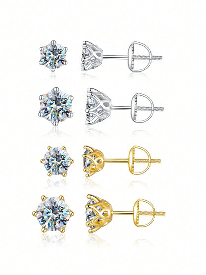 Shiny Round Sterling Silver Inlay Moissanite Ear Studs