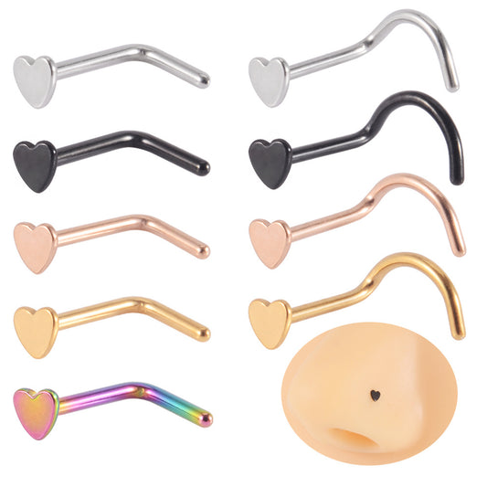 European And American Stainless Steel Heart-shaped Nose Stud Plated Curved Rod S-shaped Electric Color Nose Ring Cross-border Love Piercing L-shaped Mini Nose Studs