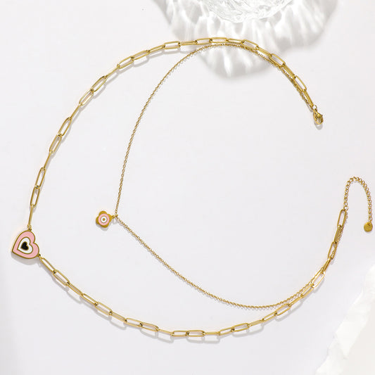 1 Elegant Real Gold Electroplating Oil Dripping Candy Color Flower Love Multi-layer Necklace All-match Stainless Steel Imitation Fade Double-layer Clavicle Chain