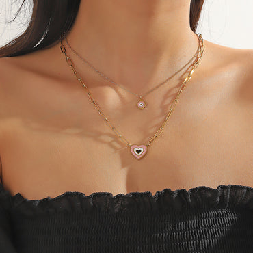 1 Elegant Real Gold Electroplating Oil Dripping Candy Color Flower Love Multi-layer Necklace All-match Stainless Steel Imitation Fade Double-layer Clavicle Chain