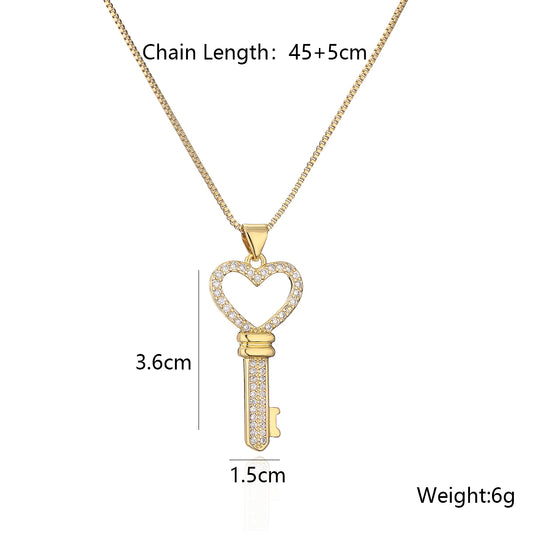 Retro Classic Style Key Copper Plating Inlay Zircon 18k Gold Plated Pendant Necklace