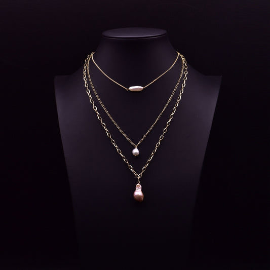 Vintage Style Geometric Solid Color Freshwater Pearl Copper Plating 18k Gold Plated Three Layer Necklace