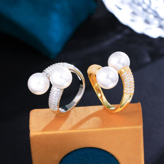 Sweet Geometric Copper 14k Gold Plated White Gold Plated Rhodium Plated Artificial Pearls Open Rings In Bulk
