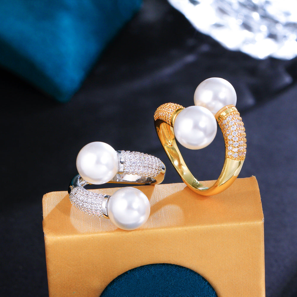 Sweet Geometric Copper 14k Gold Plated White Gold Plated Rhodium Plated Artificial Pearls Open Rings In Bulk