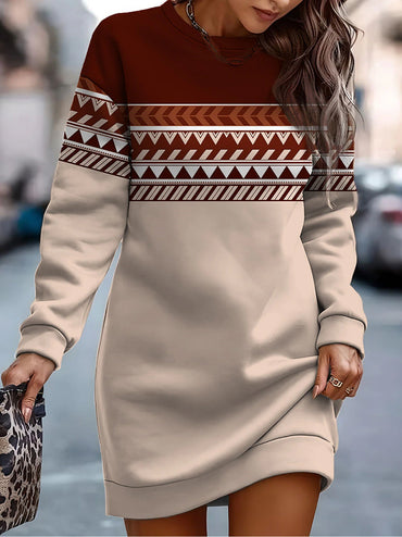 Women's Regular Dress Simple Style Round Neck Printing Long Sleeve Solid Color Midi Dress Street
