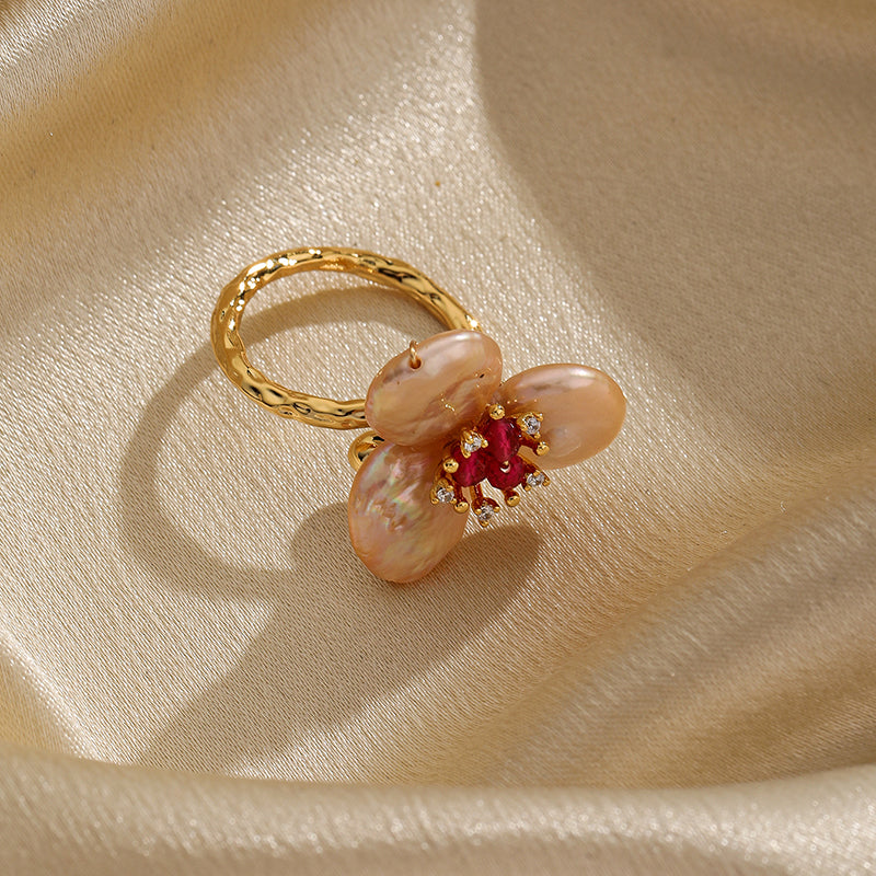Baroque Style Flower Copper Plating Metal Inlay Artificial Crystal Freshwater Pearl 18k Gold Plated Open Rings