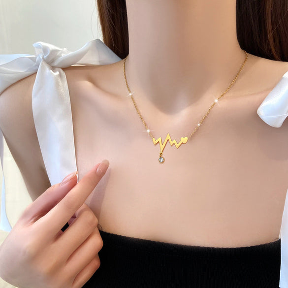 Modern Style Simple Style Commute Electrocardiogram Titanium Steel Plating Inlay Artificial Gemstones Gold Plated Pendant Necklace