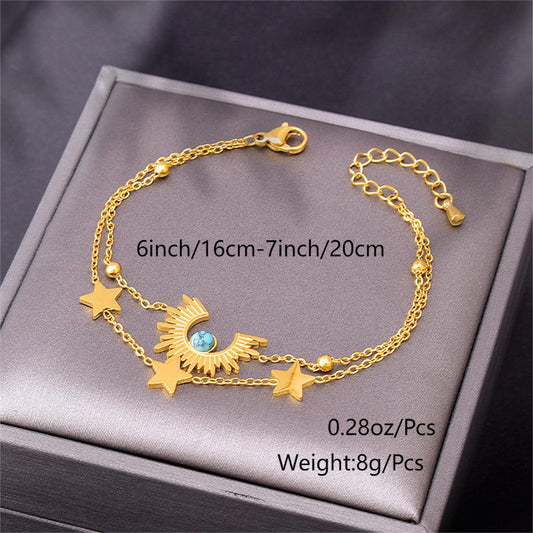 Vintage Style Star Titanium Steel Plating Inlay Turquoise 18k Gold Plated Bracelets