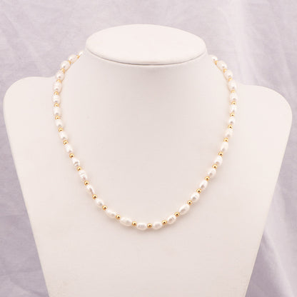 Lady Solid Color Freshwater Pearl Titanium Steel Beaded Plating Necklace