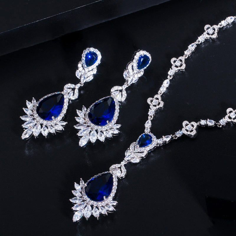Luxurious Wedding Bridal Water Droplets Crown Copper Plating Inlay Artificial Gemstones White Gold Plated Rhodium Plated Jewelry Set