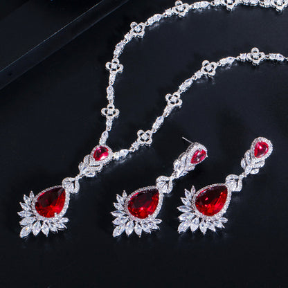 Luxurious Wedding Bridal Water Droplets Crown Copper Plating Inlay Artificial Gemstones White Gold Plated Rhodium Plated Jewelry Set