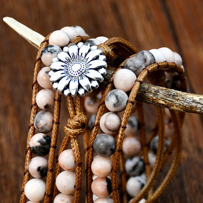 Vintage Style Handmade Flower Natural Stone Rope Beaded Braid Bracelets