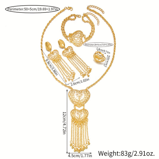 Elegant Glam Shiny Heart Shape Copper Tassel Hollow Out Copper 18k Gold Plated Bracelets Earrings Necklace