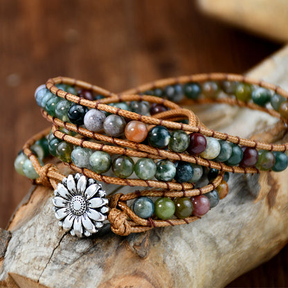 Classical Vintage Style Flower Alloy Natural Stone Rope Beaded Knitting Bracelets