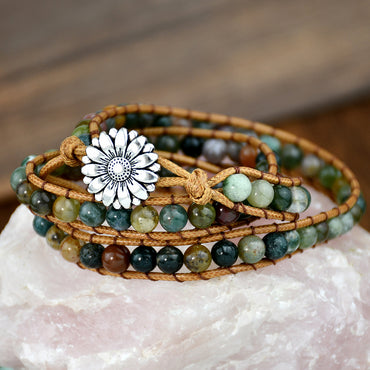 Classical Vintage Style Flower Alloy Natural Stone Rope Beaded Knitting Bracelets
