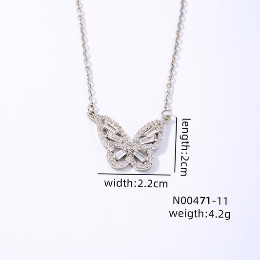 Elegant Shiny Butterfly Copper Plating Inlay Zircon White Gold Plated Earrings Necklace