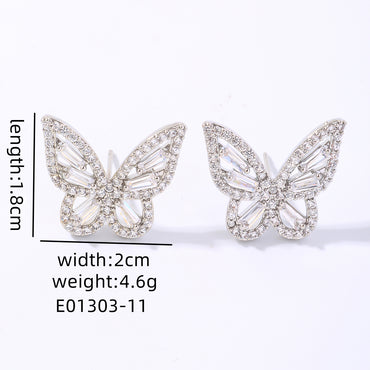 Elegant Shiny Butterfly Copper Plating Inlay Zircon White Gold Plated Earrings Necklace