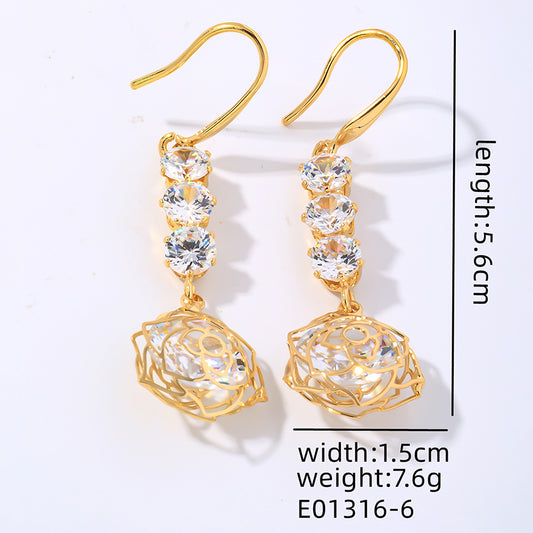 1 Pair Elegant Classic Style Shiny Flower Plating Inlay Copper Zircon Gold Plated Drop Earrings