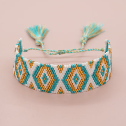 Bohemian Rhombus Seed Bead Rope Knitting Tassel Couple Drawstring Bracelets