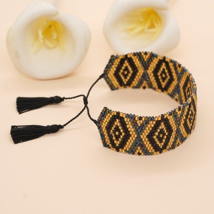 Bohemian Rhombus Seed Bead Rope Knitting Tassel Couple Drawstring Bracelets