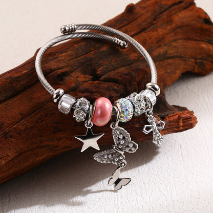 Cute Star Heart Shape Butterfly Stainless Steel Alloy Beaded Plating Inlay Rhinestones Pearl Women's Twisted Cable Bracele Bangle
