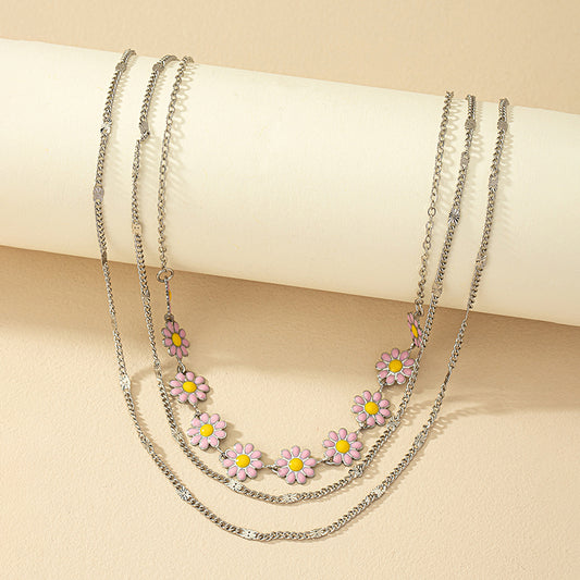 Elegant Flower Daisy Alloy Enamel Silver Plated Women's Three Layer Necklace