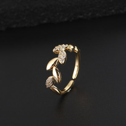 Simple Style Leaves Copper Gold Plated Zircon Open Rings In Bulk