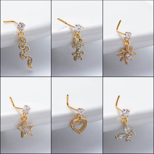 Basic Classic Style Heart Shape Flower Butterfly Stainless Steel Plating Inlay Zircon 18k Gold Plated Nose Studs