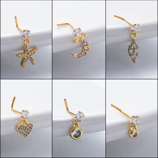 Basic Classic Style Moon Starfish Heart Shape Stainless Steel Plating Inlay Zircon 18k Gold Plated Nose Studs