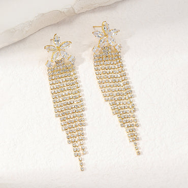 1 Pair Casual Elegant Shiny Tassel Flower Plating Inlay Alloy Rhinestones Gold Plated Drop Earrings