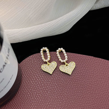 1 Pair Ig Style Sweet Heart Shape Inlay Alloy Rhinestones Pearl Drop Earrings