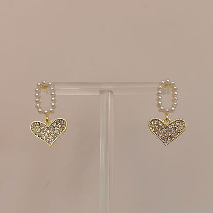 1 Pair Ig Style Sweet Heart Shape Inlay Alloy Rhinestones Pearl Drop Earrings