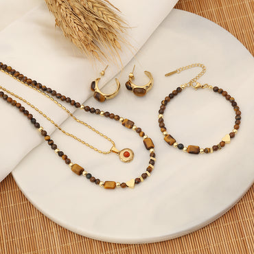 Wholesale Retro Heart Shape Stainless Steel Tiger Eye Copper Beaded Bracelets Earrings Necklace