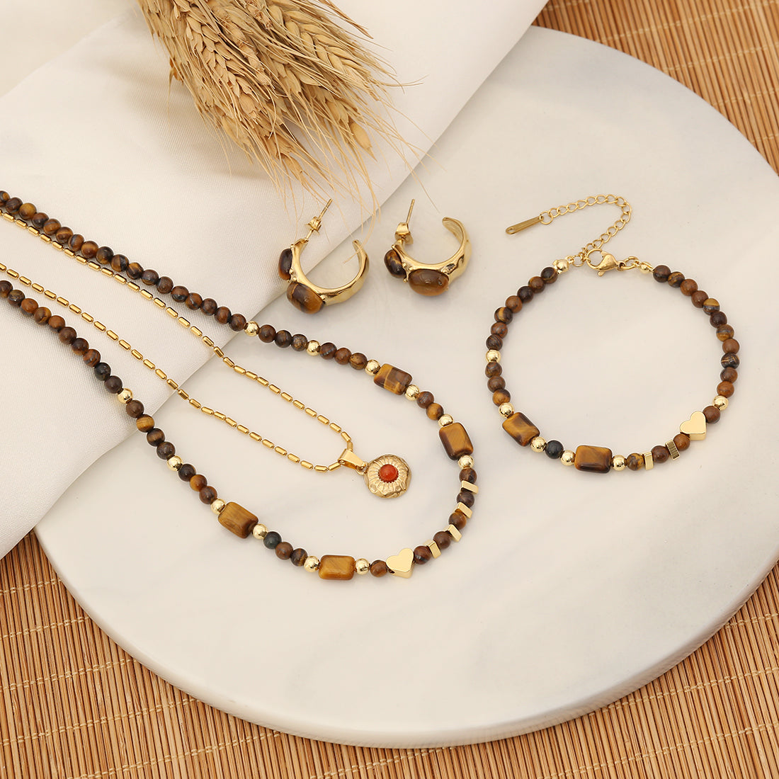 Wholesale Retro Heart Shape Stainless Steel Tiger Eye Copper Beaded Bracelets Earrings Necklace