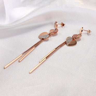 1 Pair Simple Style Shiny Heart Shape Plating Inlay Stainless Steel Rhinestones Rose Gold Plated Drop Earrings
