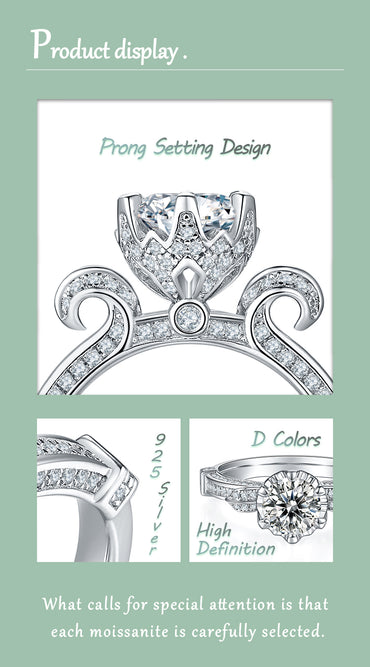 Elegant Classic Style Round Sterling Silver Plating Inlay Moissanite White Gold Plated Rings