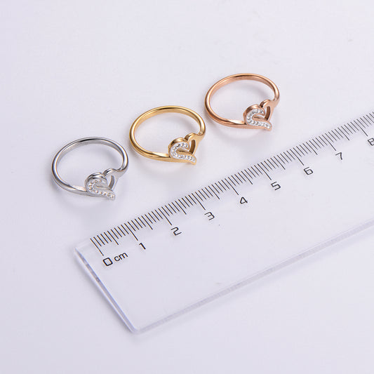 Elegant Romantic Heart Shape Stainless Steel Plating Inlay Rhinestones 18k Gold Plated Rose Gold Plated Rings