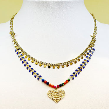 Wholesale Elegant Heart Shape Stainless Steel Enamel Plating Gold Plated Double Layer Necklaces