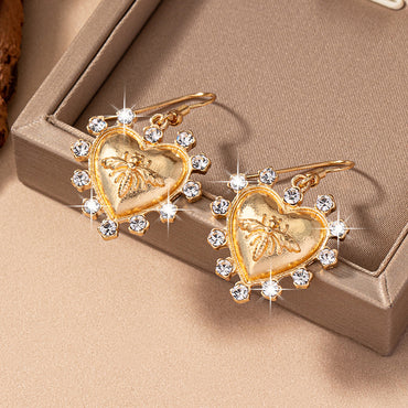 1 Pair Elegant Heart Shape Bee Plating Inlay Glass Ferroalloy Glass 14k Gold Plated Drop Earrings