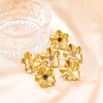 1 Pair Elegant Simple Style Flower Plating Inlay Stainless Steel Natural Stone 18k Gold Plated Ear Studs
