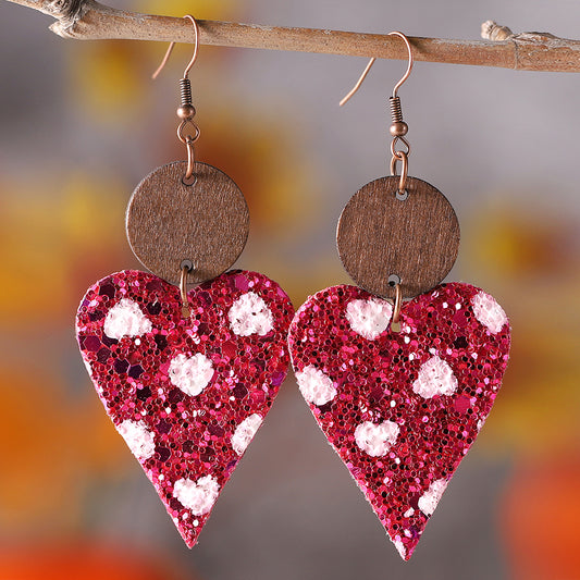 1 Pair Casual Sweet Heart Shape Pu Leather Wood Drop Earrings