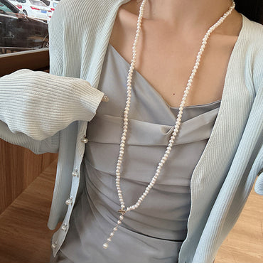 Elegant Round Freshwater Pearl Brass Beaded Sweater Chain