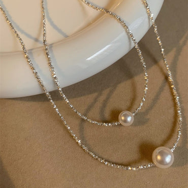 Simple Style Solid Color Sterling Silver Shell Beaded Handmade Double Layer Necklaces
