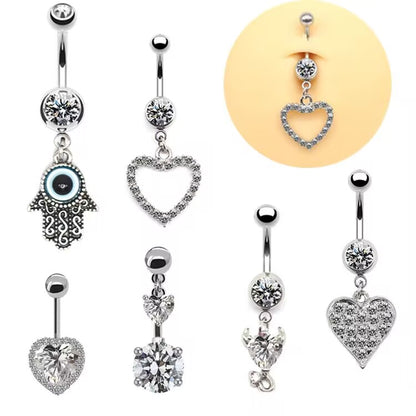 Luxurious Simple Style Heart Shape Wings Stainless Steel Copper Inlay Rhinestones Zircon White Gold Plated Belly Ring