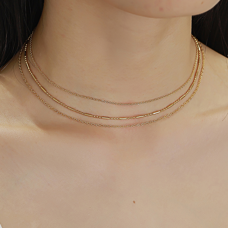 Sweet Simple Style Solid Color Copper Plating Chain 18k Gold Plated Unisex Three Layer Necklace