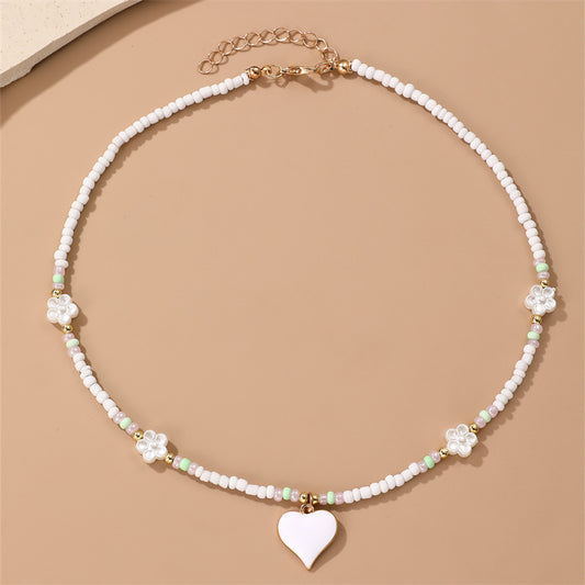 Sweet Heart Shape Flower Glass Seed Bead Beaded Women's Pendant Necklace