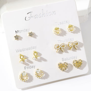 6 Pairs Cute Pentagram Heart Shape Plating Inlay Alloy Pearl Gold Plated Ear Studs