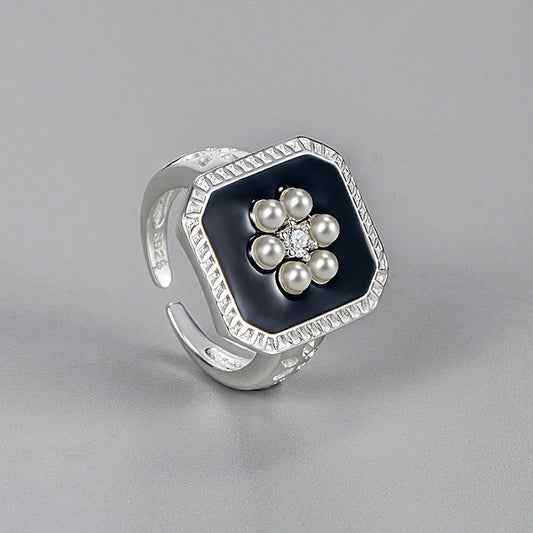 Basic Classic Style Flower Sterling Silver Inlay Artificial Pearls Rhinestones Open Rings